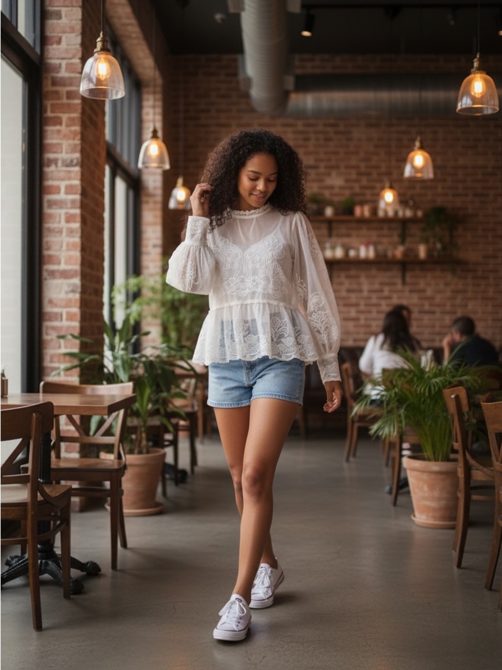 H&M White Lace Ruffled Peplum Blouse with cut out back